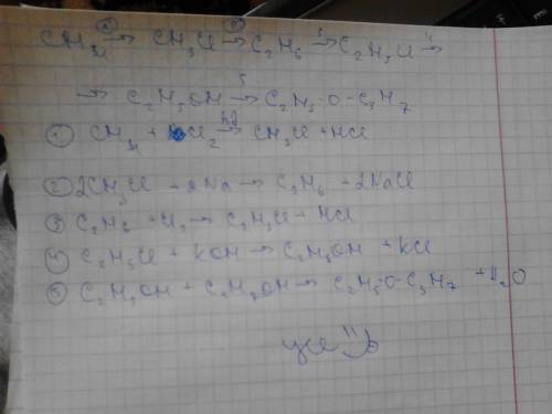 Осуществить превращение ch-> ch3cl-> c2h6-> c2h5cl-> c2h5oh-> c2h5-o-c3h7