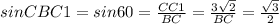 sinCBC1=sin60= \frac{CC1}{BC}= \frac{3 \sqrt{2} }{BC} = \frac{ \sqrt{3} }{2}