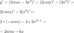 y'=(2cos x-3x^2)'=(2cos x)'-(3x^2)'=\\\\2(cos x)'-3(x^2)'=\\\\2*(-sin x)-3*2x^{2-1}=\\\\-2sin x-6x