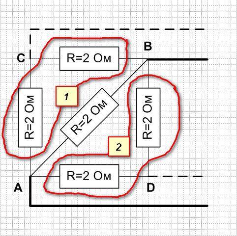 Схема представляет собой проволочный квадрат с одной диагональю.сопротивление каждой из сторон квадр