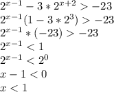 2^{x-1}-3*2^{x+2}-23 \\ &#10;2^{x-1}(1-3*2^{3})-23 \\ &#10;2^{x-1}*(-23)-23 \\ &#10;2^{x-1}<1 \\ &#10;2^{x-1}<2^{0} \\ &#10;x-1<0 \\ &#10;x<1