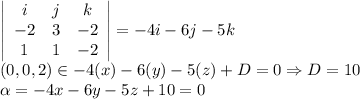\left|\begin{array}{ccc}i&j&k\\-2&3&-2\\1&1&-2\end{array}\right|=-4i-6j-5k\\&#10;(0,0,2)\in -4(x)-6(y)-5(z)+D=0\Rightarrow D=10\\&#10; \alpha =-4x-6y-5z+10=0