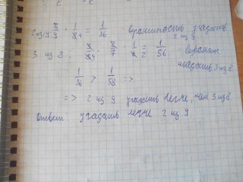 Що ймовірніше: вгадати 2числа з 9,чи 3 з нужно 100 пнк