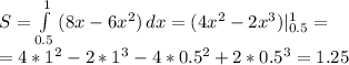 S= \int\limits^1_{0.5} {(8x-6x^2)} \, dx =(4x^2-2x^3)|_{0.5}^1= \\ &#10;=4*1^2-2*1^3-4*0.5^2+2*0.5^3=1.25