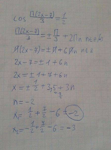 Найдите корни уравнения cos π (x-7)/3=1/2. в ответ запишите наибольший отрицательный корень​