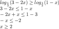 log_{\frac{1}{3}}(3-2x) \geq log_{\frac{1}{3}}(1-x)\\&#10;3-2x \leq 1-x\\&#10;-2x+x \leq 1-3\\-x \leq -2\\x \geq 2&#10;