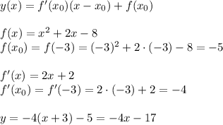 y(x)=f'(x_0)(x-x_0)+f(x_0)\\\\f(x)=x^2+2x-8\\f(x_0)=f(-3)=(-3)^2+2\cdot(-3)-8=-5\\\\ f'(x)=2x+2\\f'(x_0)=f'(-3)=2\cdot(-3)+2=-4\\\\y=-4(x+3)-5=-4x-17