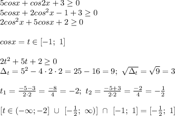 5cosx+cos2x+3\geq0\\5cosx+2cos^2x-1+3\geq0\\2cos^2x+5cosx+2\geq0\\\\cosx=t\in[-1;\ 1]\\\\2t^2+5t+2\geq0\\\Delta_t=5^2-4\cdot2\cdot2=25-16=9;\ \sqrt{\Delta_t}=\sqrt9=3\\\\t_1=\frac{-5-3}{2\cdot2}=\frac{-8}{4}=-2;\ t_2=\frac{-5+3}{2\cdot2}=\frac{-2}{4}=-\frac{1}{2}\\\\\ [t\in(-\infty;-2]\ \cup\ [-\frac{1}{2};\ \infty)]\ \cap\ [-1;\ 1]=[-\frac{1}{2};\ 1]