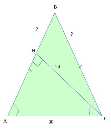 Дано: равнобедренный треугольник высота проведённая к боковой стороне =24 см основание 30 найти: бок
