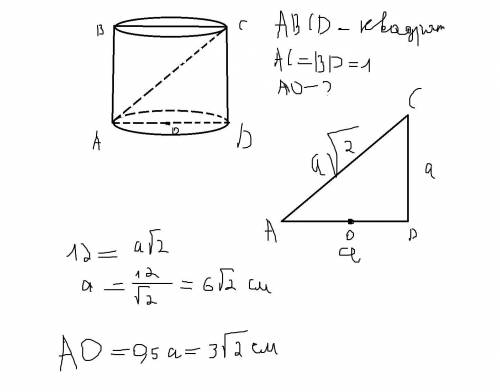 Осевое сечение цилиндра - квадрат, длина диагонали которого равна 12 см. найдите радиус основания ци