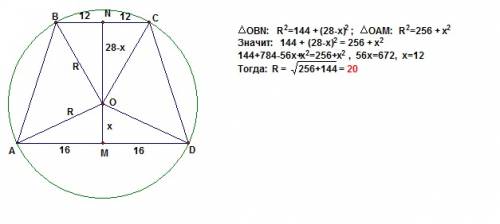 Около равнобедренной трапеции , основания которой равны 32 и 24 см, а высота 28, описана окружность.