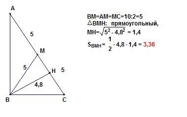 Втреугольнике авс,угол в прямой,вн-высота,вм-медиана.найдите площадь треугольника мнв,если нв=4,8,а