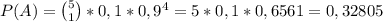 \\P(A)={5\choose1}*0,1*0,9^4=5*0,1*0,6561=0,32805