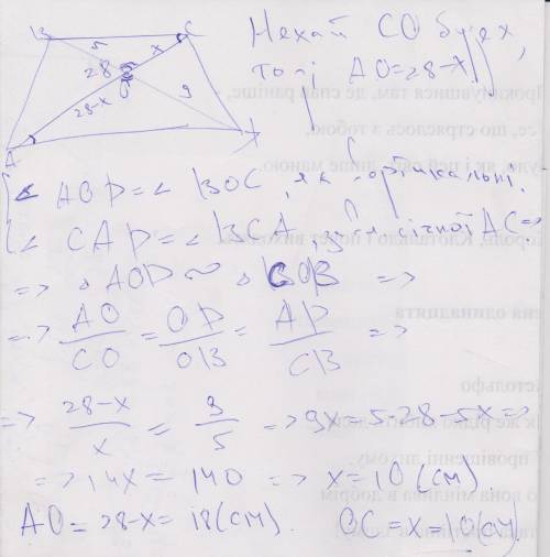 Одна з діагоналей трапеції дорівнює 28см і ділить другу діагональ на відрізки завдовжки 5 см і 9 см