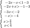 \left \{ {{-2x-x<1-3} \atop {-2x+x-1-3}} \right. \\ \left \{ {{-3x<-2} \atop {-x-4}} \right. \\ \left \{ {{x \frac{2}{3} } \atop {x<4}} \right.