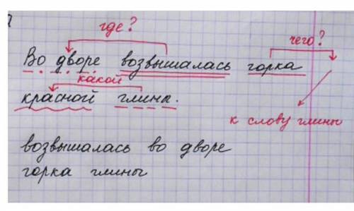 Разбери предложение по членам и выпиши словосочетания. во дворе возвышалась горка красной глины.