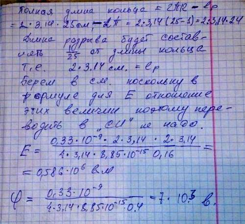 Тонкий стержень согнут в виде окружности радиусом r = 25 см так, что между его концами остался возду