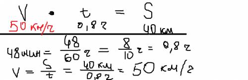 Во время бури ковер-самолет пролетает 40 км за 48 минут.найдите скорость ковра.