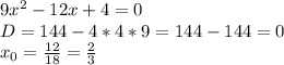 9 x^{2} -12x+4=0 \\ D=144-4*4*9=144-144=0 \\ x_{0} = \frac{12}{18} = \frac{2}{3}