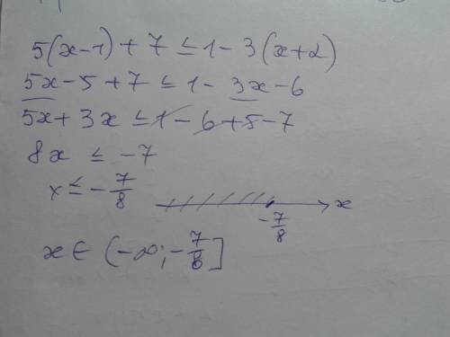 Решить неравенство 5(х-1)+7≤1-3(х+2)