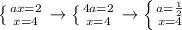 \left \{ {{ax=2} \atop {x=4}} \right. \to \left \{ {{4a=2} \atop {x=4}} \right. \to \left \{ {{a= \frac{1}{2} } \atop {x=4}} \right.