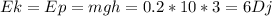 Ek=Ep=mgh=0.2*10*3=6Dj