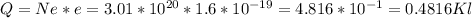 Q=Ne*e=3.01*10 ^{20} *1.6*10 ^{-19} =4.816*10 ^{-1} =0.4816Kl