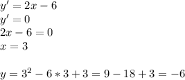 y'=2x-6 \\ y'=0 \\ 2x-6=0 \\ x=3 \\ \\ y=3^2-6*3+3=9-18+3=-6