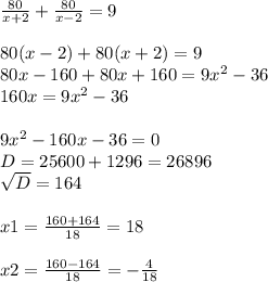 \frac{80}{x+2} + \frac{80}{x-2} =9 \\ \\ 80(x-2)+80(x+2)=9 \\ 80x-160+80x+160=9x^2-36 \\ 160x=9x^2-36 \\ \\ 9x^2-160x-36=0 \\ D=25600+1296=26 896 \\ \sqrt{D} =164 \\ \\ x1= \frac{160+164}{18} =18 \\ \\ x2= \frac{160-164}{18} =- \frac{4}{18}