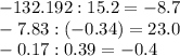 -132.192:15.2=-8.7 \\ -7.83:(-0.34)=23.0 \\ -0.17:0.39=-0.4 \\