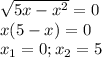 \sqrt{5x-x^2} =0 \\ x(5-x)=0 \\ x_1=0;x_2=5