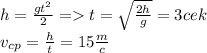 h= \frac{g t^{2} }2} = t =\sqrt{ \frac{2h}{g} } =3cek\\ v_{cp} = \frac{h}{t} =15 \frac{m}{c}