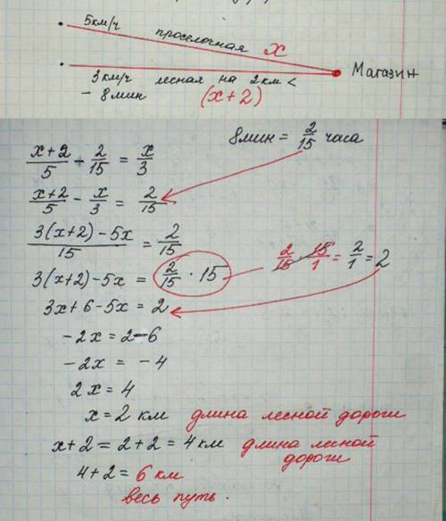 Дачник шел до магазина проселочной дорогой со скоростью 5 км/ч, а возвращался обратно лесной дорогой