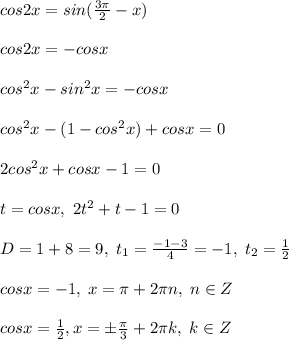 cos2x=sin(\frac{3\pi }{2}-x)\\\\cos2x=-cosx\\\\cos^2x-sin^2x=-cosx\\\\cos^2x-(1-cos^2x)+cosx=0\\\\2cos^2x+cosx-1=0\\\\t=cosx,\; 2t^2+t-1=0\\\\D=1+8=9,\; t_1=\frac{-1-3}{4}=-1,\; t_2=\frac{1}{2}\\\\cosx=-1,\; x=\pi +2\pi n,\; n\in Z\\\\cosx=\frac{1}{2},x=\pm \frac{\pi }{3}+2\pi k,\; k\in Z