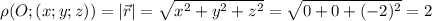 \rho(O; (x;y;z))=|\vec r|=\sqrt{x^2+y^2+z^2} = \sqrt{0+0+(-2)^2}=2