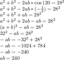 a^2+b^2-2ab*\cos120=28^2 \\ a^2+b^2-2ab*(- \frac{1}{2} &#10;)=28^2 \\ a^2+b^2+ab=28^2 \\ a^2+b^2+2ab-ab=28^2 \\ (a+b)^2-ab=28^2 \\ &#10;32^2-ab=28^2 \\ -ab=-32^2+28^2 \\ -ab=-1024+784 \\ -ab=-240 \\ &#10;ab=240