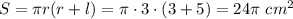 S= \pi r(r+l)= \pi \cdot 3\cdot (3+5)=24 \pi \,\, cm^2