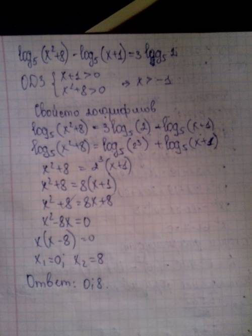 Нужно.. lg(3x+12x+19)-lg(3x+4)=1 lg(x^2+2x-7)-lg(x-1)=0 log5(x^2+8)-log5(x+1)=3log5 2