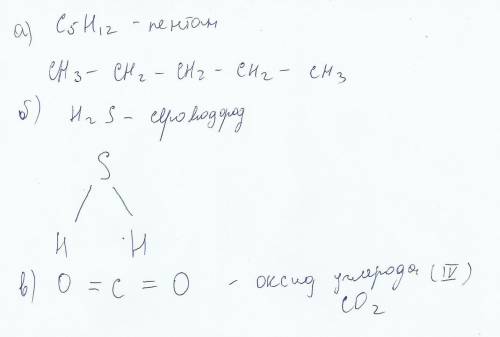 Составьте структурные формулы а) углеводорода пентана с5н12, б)сероводорода, в)оксида углерода(4). к