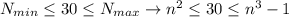 N_{min} \leq 30 \leq N_{max} \to n^2 \leq 30 \leq n^3-1