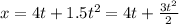 x=4t+1.5t^2=4t+ \frac{3t^2}{2}