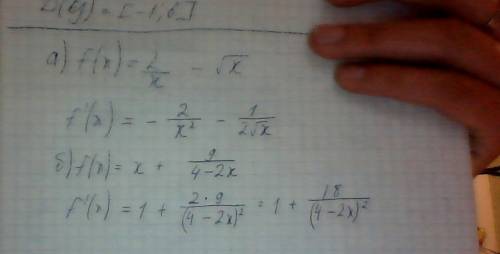 Найдите производную функции а) f(x)=2/x -√x б) f(x)=x+9/4-2x 2.известно что f(x)=3x+9/x.решите уравн