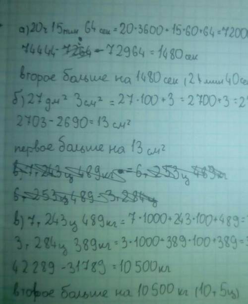 Какая из величин больше и на сколько ? a)20ч 15мин 64с и 74444с б) 27дм² 3см² и 2690см² 800мм² в) 7т