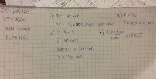 Компания производит и продает - 1 товар vc-100p 1ш- 200 р fc-300 тыс. р какое кол-во товара должна п