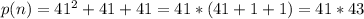 p(n)=41^2+41+41=41*(41+1+1)=41*43