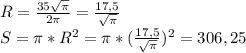 R=\frac{35\sqrt{\pi}}{2\pi}=\frac{17,5}{\sqrt{\pi}}}\\S=\pi*R^2=\pi*(\frac{17,5}{\sqrt{\pi}})^2=306,25