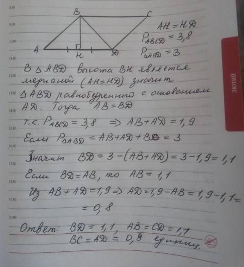 Впараллелограмме abcd перпендикуляр опущенный из вершины b на сторону ad делит ее пополам. периметр