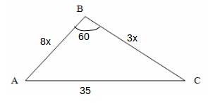 Сторона трикутника дорівнює 35 см, ,а його дві інші сторони утворюють кут 60* і відносяться, як 8: 3