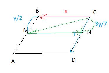 Abcd-параллелограмм. m и n отметить на сторонах ab и cd так, что am=mb, cn: nd=3: 4 выразите векторы