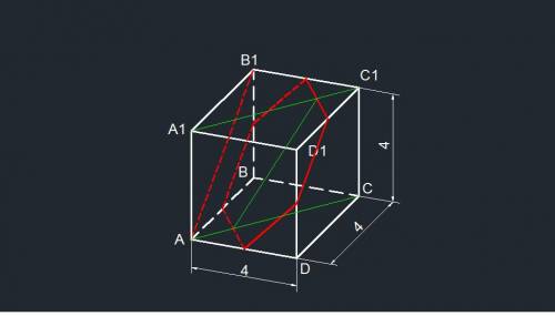 Вкубе авсда1в1с1д1 с ребром 4. найти площадь сечения,проходящего через середины ребер ав и ад паралл